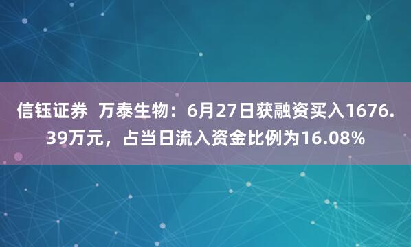 信钰证券  万泰生物：6月27日获融资买入1676.39万元，占当日流入资金比例为16.08%